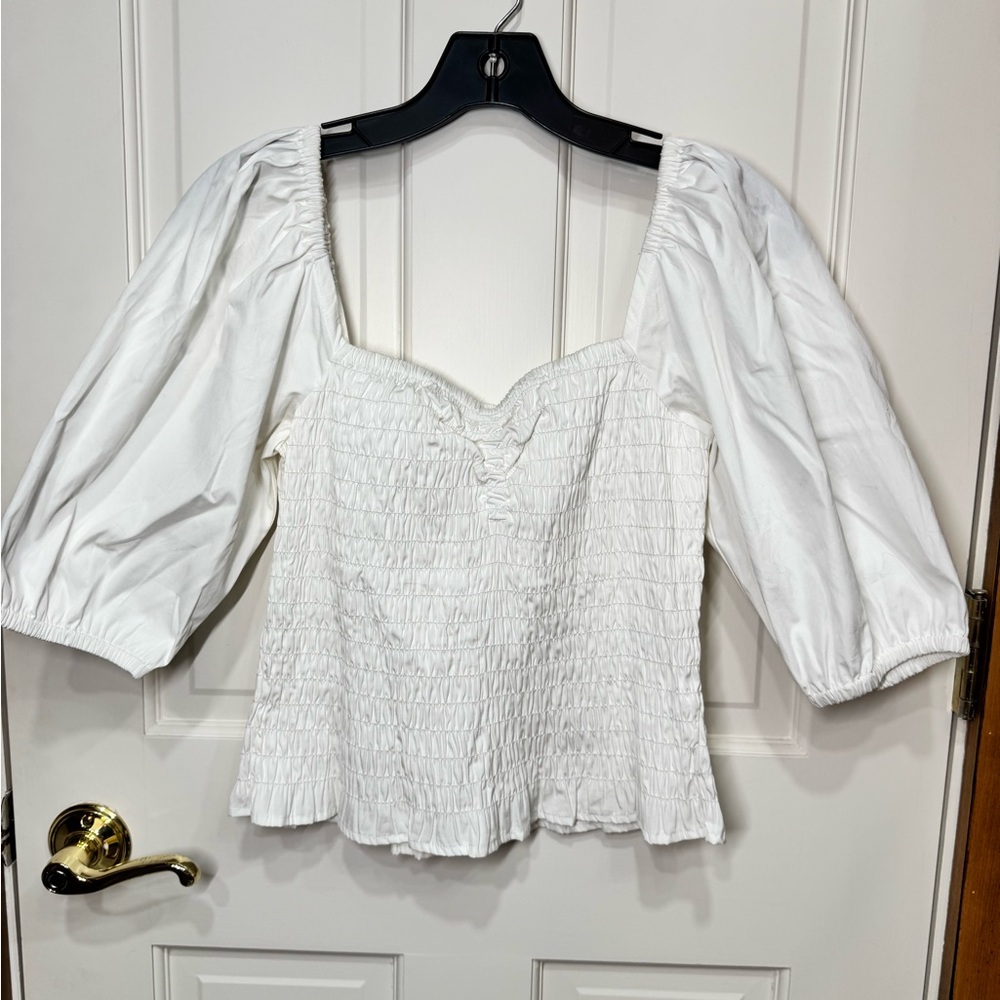 Open Edit White Smocked Puff Sleeve Top S